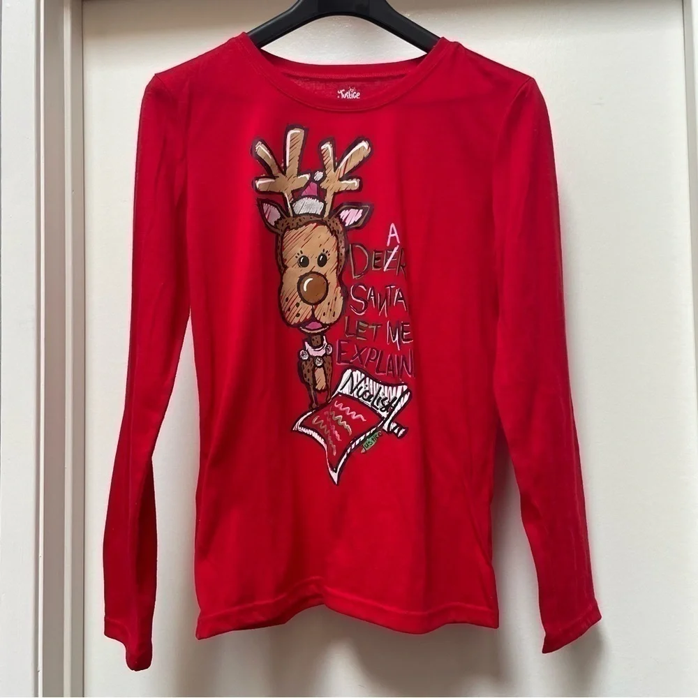 Justice Christmas Reindeer Long Sleeve Red Graphic Tee Size 20
